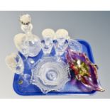 A tray of crystal and glass, set of four champagne glasses, art glass vase,