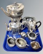 A tray of antique and later plated tea ware