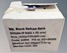 A box of 300 90 litre black refuse sacks (new)