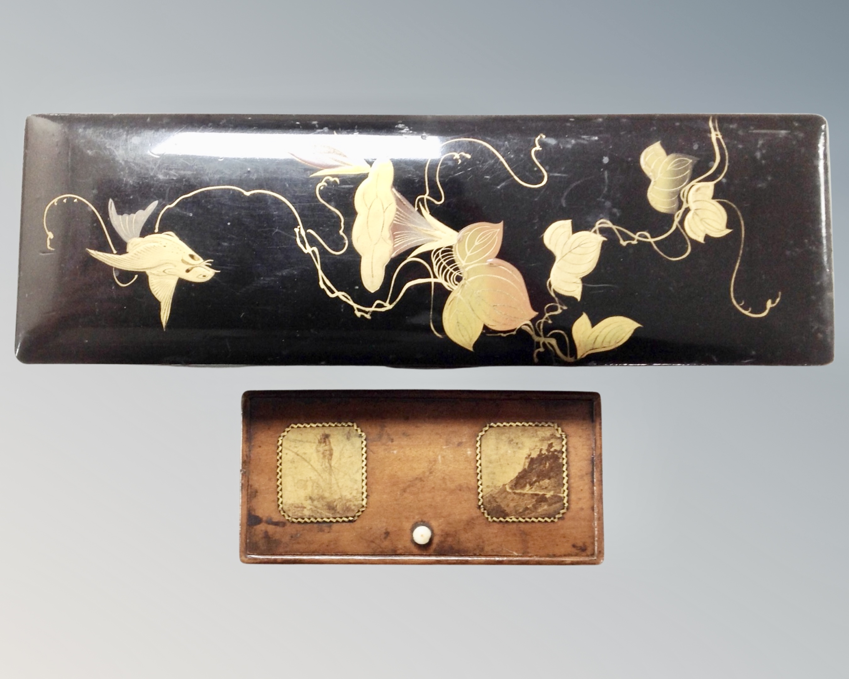 A Japanese lacquered trinket box containing a pair of antique spectacles, silver vesta case, - Image 2 of 2