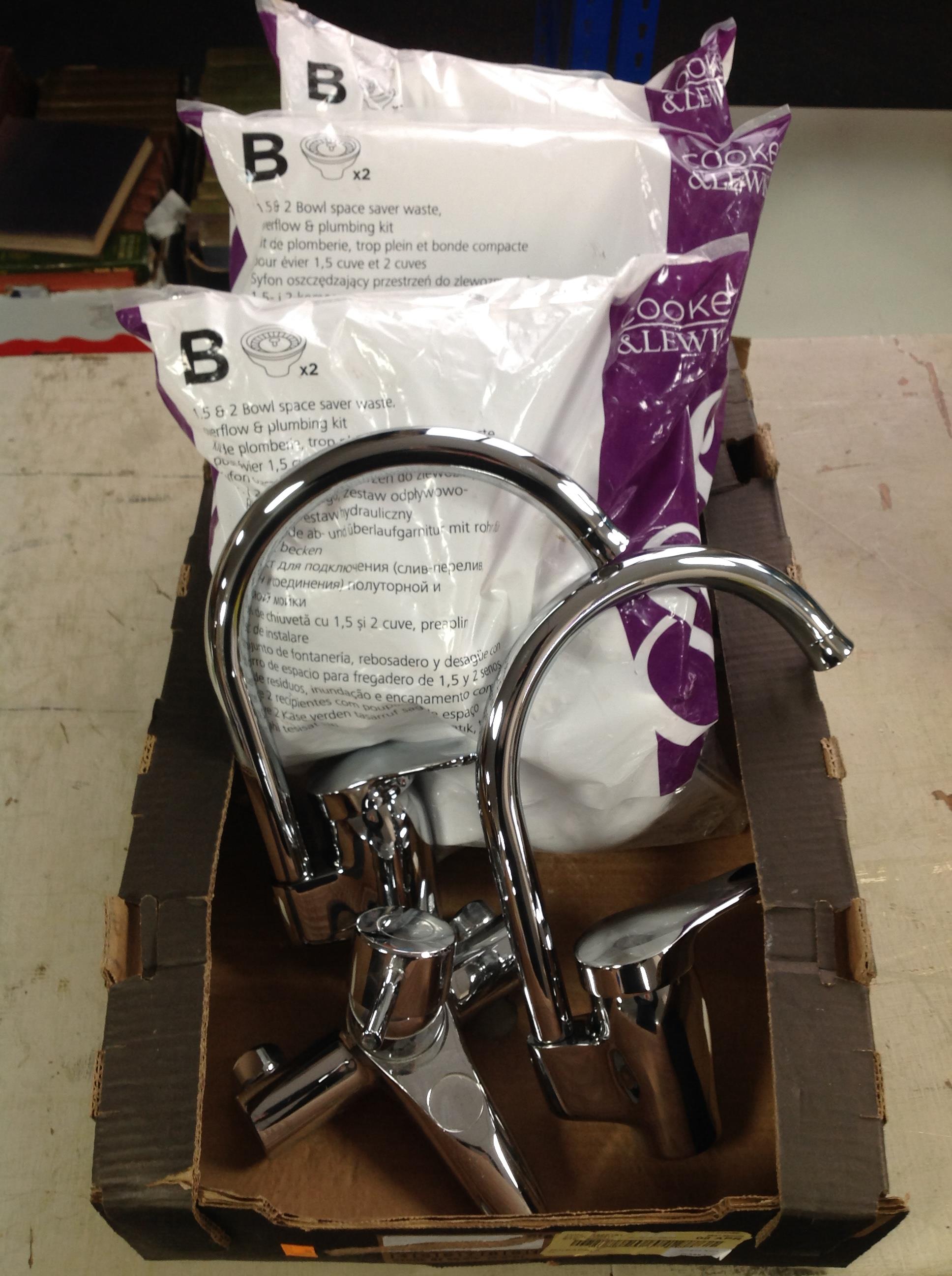 A box of plumbing accessories, 3 Cooke & Lewis sink plumbing kits,