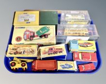 A tray of vintage matchbox die cast vehicles, Corgi busses and delivery vans,