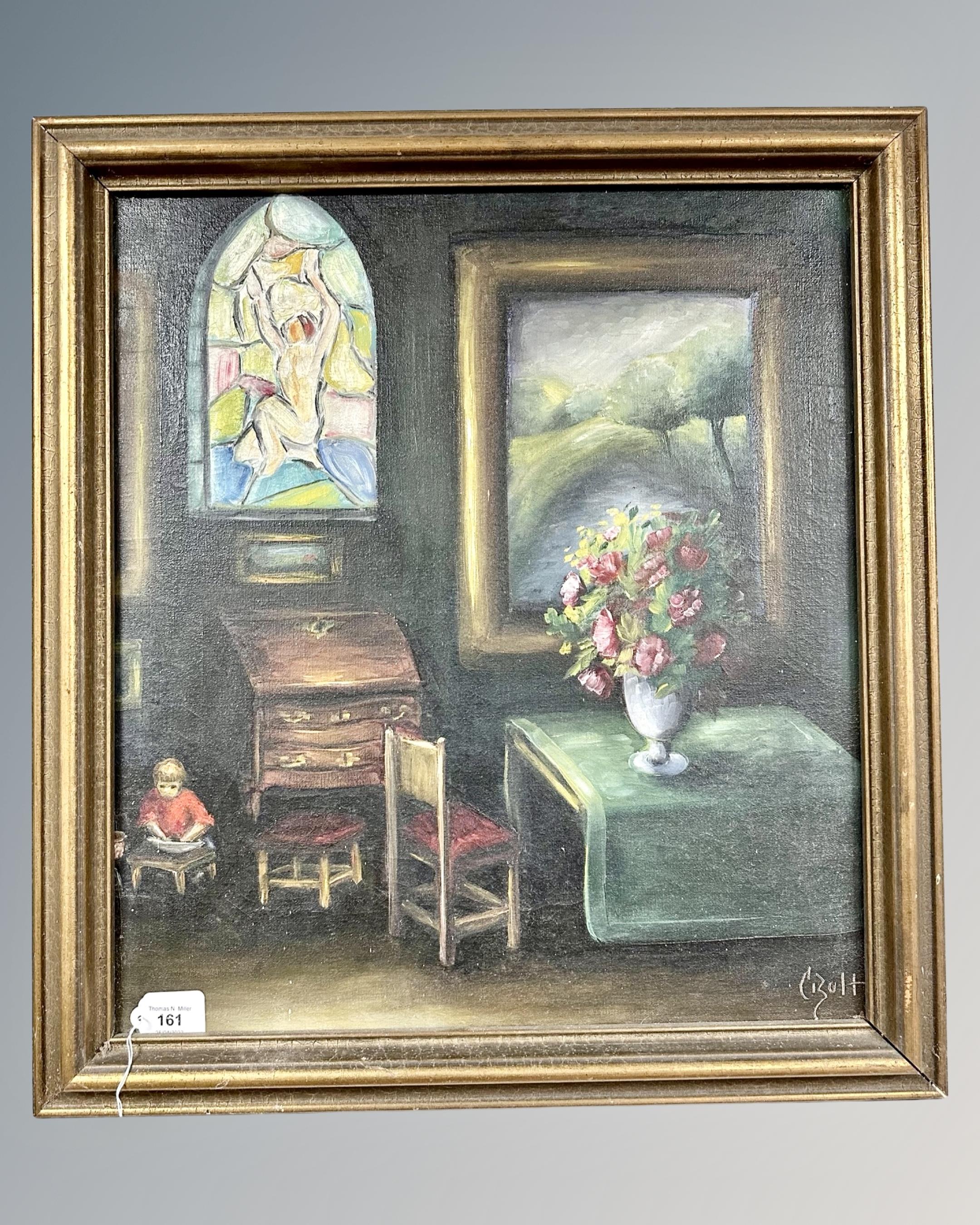 Crult : Interior setting with stained glass window, oil on canvas, 52 cm x 47 cm.