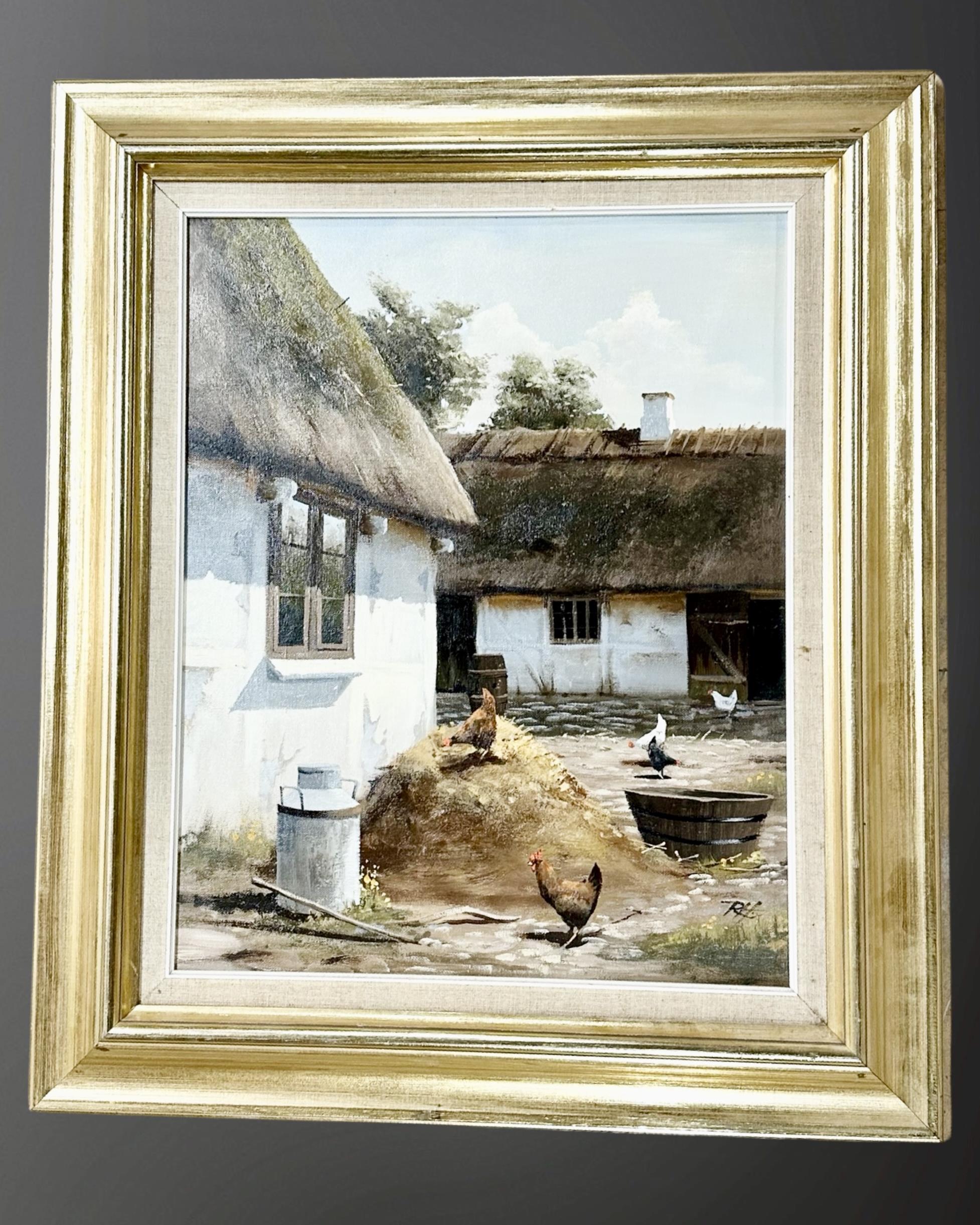 R Hansen : Chickens in a courtyard, oil