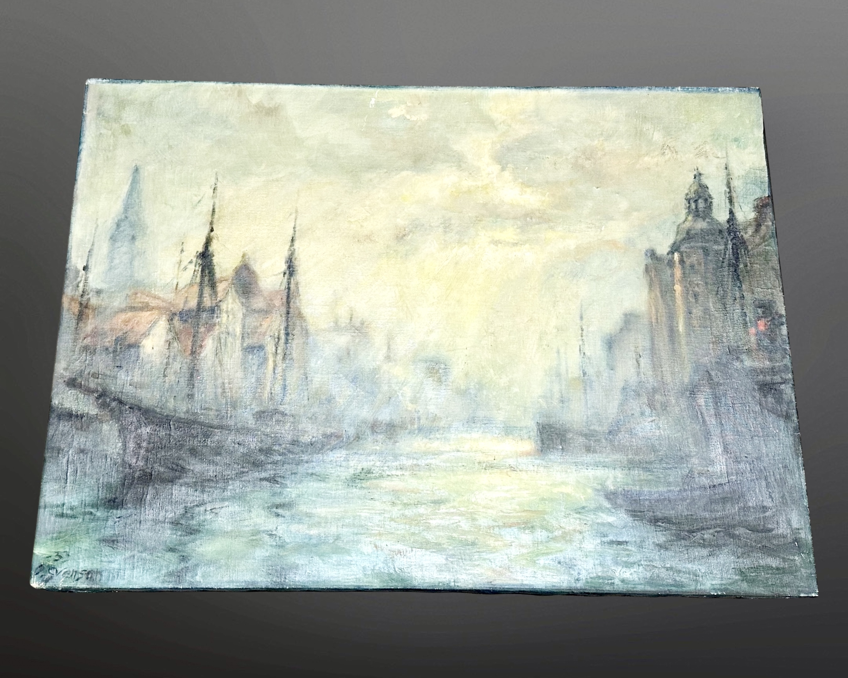 O Svensen : Canal scene, oil on canvas,