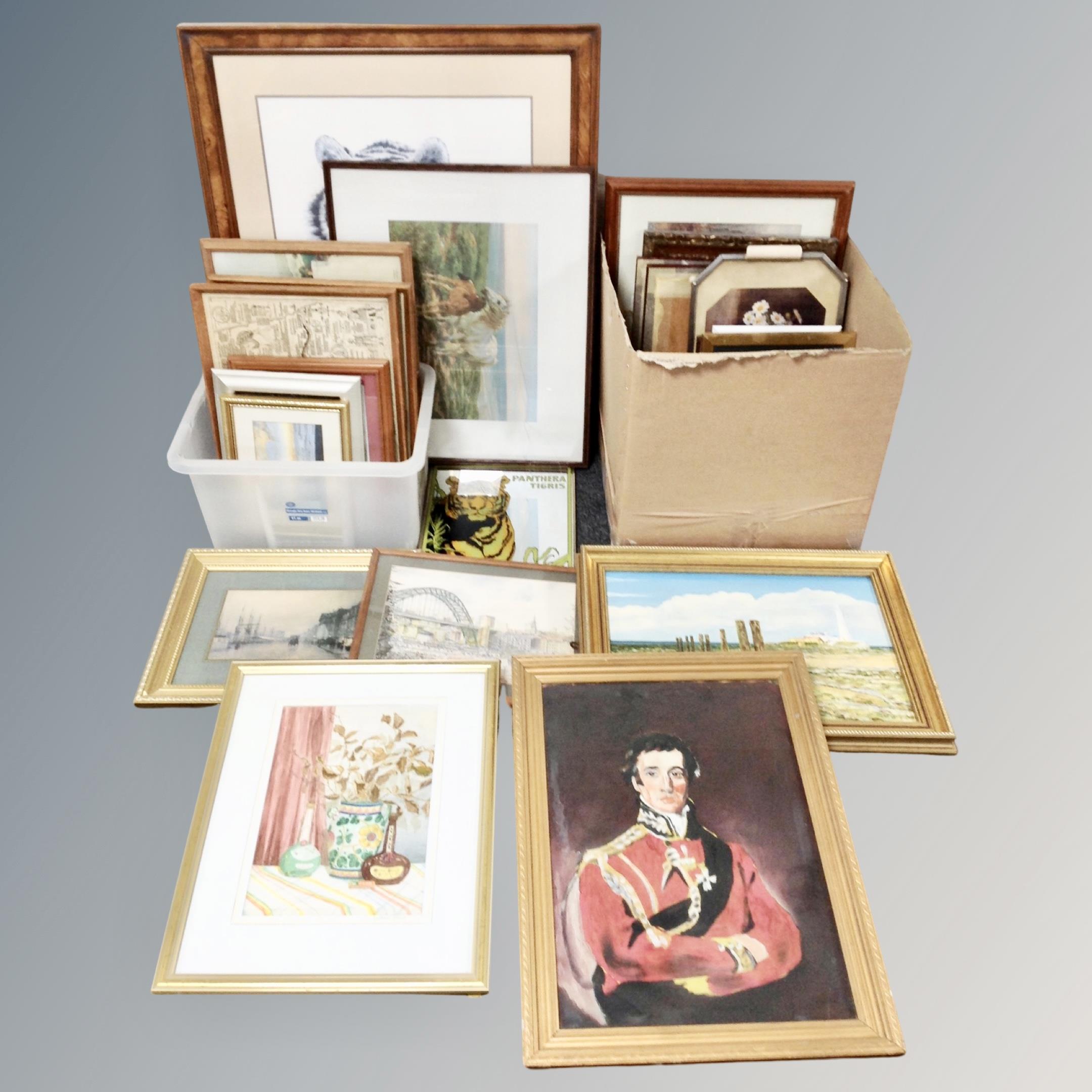 A large quantity of assorted pictures and prints, a tiger picture mirror, Art Deco tray etc.
