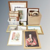 A large quantity of assorted pictures and prints, a tiger picture mirror, Art Deco tray etc.