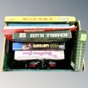 A box containing vintage board games including Wembley The Thrilling Cup Tie Game, Soccerama,