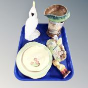 A tray containing ceramics including Carlton ware dish, Denton china budgie figure,