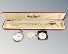 A pearl necklace in box together with an Omega silver cased lady's fob watch with enamelled dial,