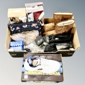 A box containing assorted lady's trainers, shoes, boots and slippers by Skechers, Cushion Walk etc.