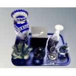 A tray containing assorted glassware including an Isle of Wight paperweight in box and further