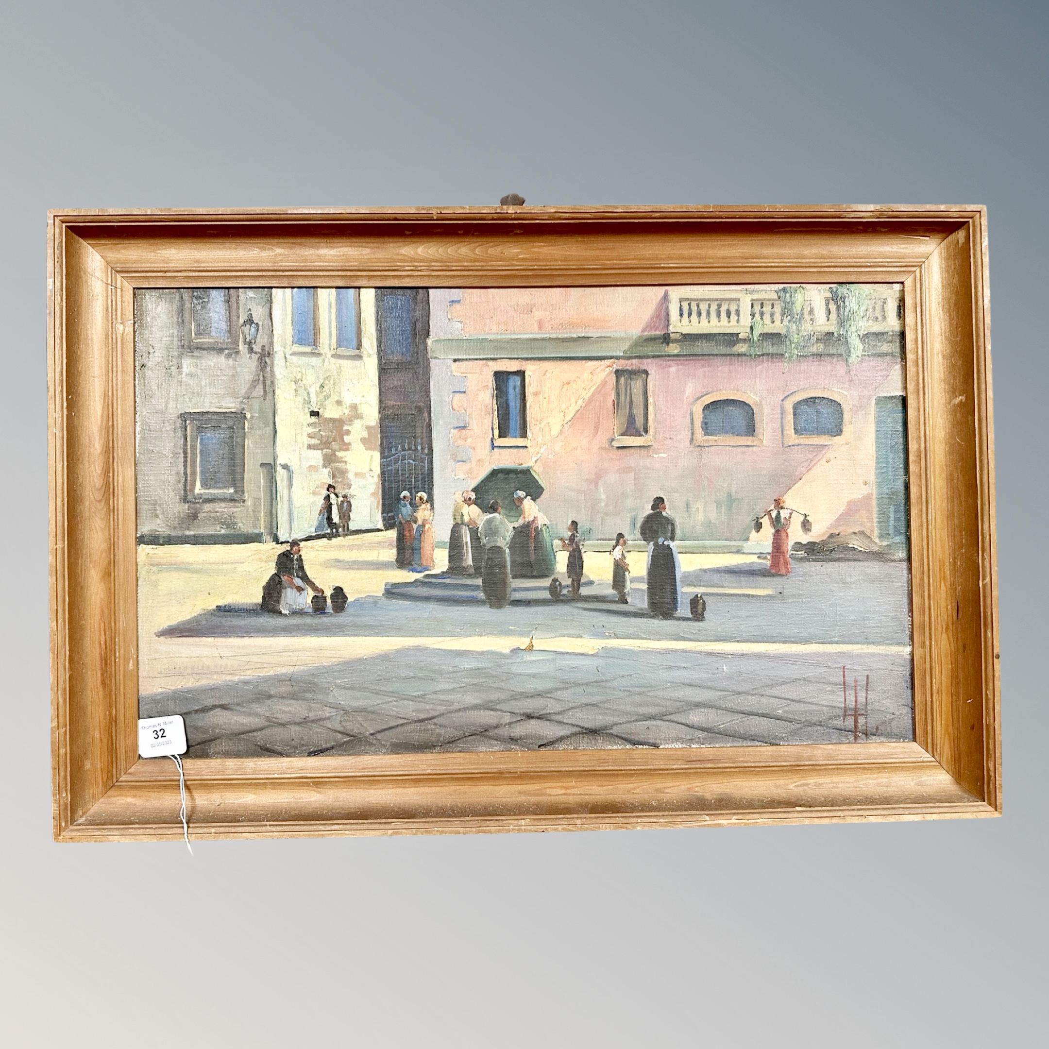 Continental school : Figures in a square, oil on canvas, 62cm by 37cm.