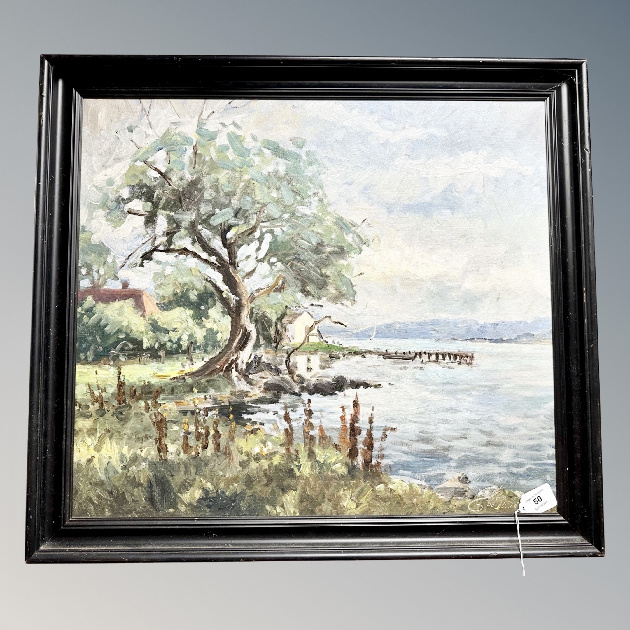 E Thorbrorn : Tree by a lake, oil on canvas, 58cm by 50cm.