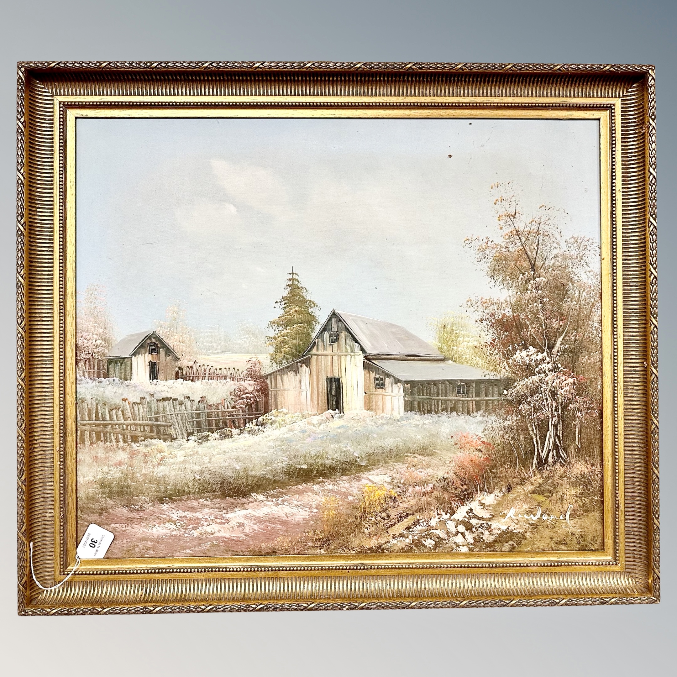 R Ward : Agricultural barn, oil on canvas, 59cm by 50cm.