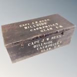 A vintage metal footlocker bearing the name Captain J W Rees Hillside Caerphilly Glamorgan UK