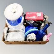 A box containing 2kW fan heater, water cooler, kitchen utensils, clothes brush etc, new.