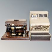 A vintage Jeller cash register together with a Jones hand sewing machine in case.