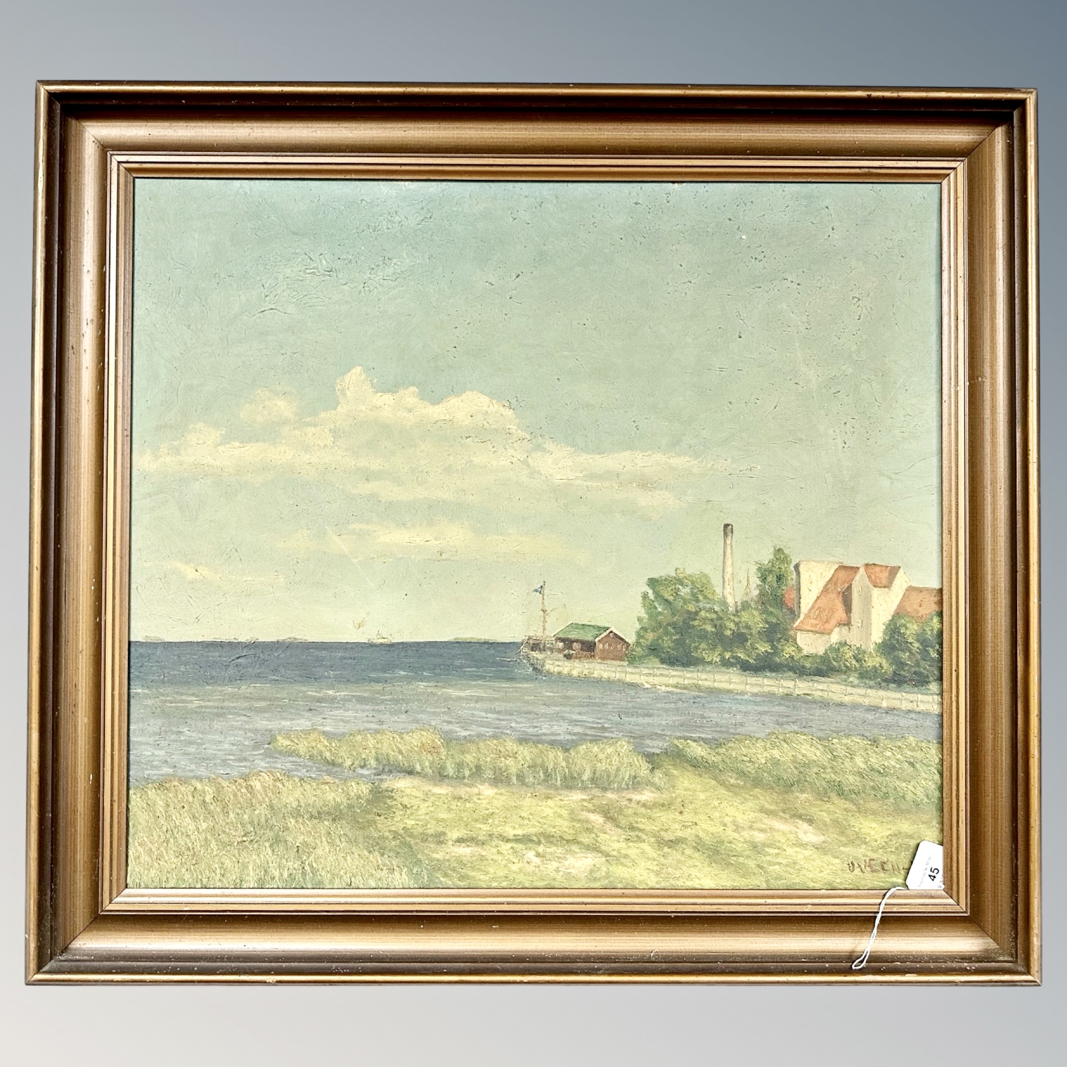 Continental school : Coastline with buildings, oil on canvas, 63cm by 55cm.