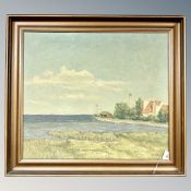 Continental school : Coastline with buildings, oil on canvas, 63cm by 55cm.