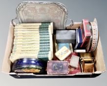 A box containing an antique plated twin handled tray, Japanese lacquered boxes, vintage tins,