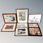 A box containing assorted pictures together with two sets of eight antiquarian monochrome