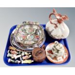 A tray containing assorted oriental ceramics including a 20th century Cantonese famille rose bowl