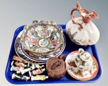 A tray containing assorted oriental ceramics including a 20th century Cantonese famille rose bowl