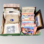 Two boxes containing vinyl 78's, annuals, programmes,