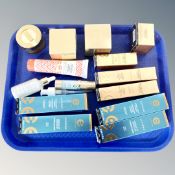 A tray containing Elizabeth Grant day serum, eye creams, wrinkle lifting and firming cream,