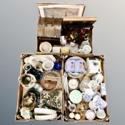 Three boxes containing assorted ceramics, Christmas decorations, brass ware, pictures,