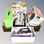 A box containing Your Kitchen grill, a Tower 2400W 2-in-1 iron, a Salter soup maker,
