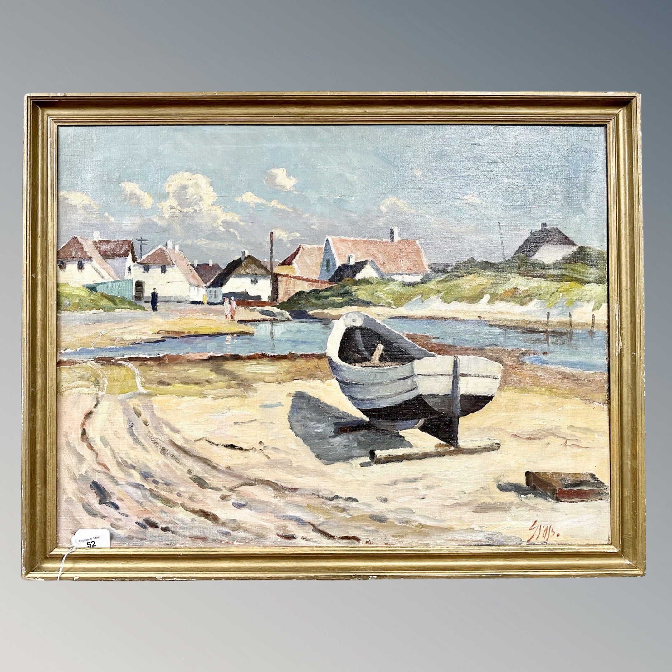 Continental school : Rowing boat at low tide, oil on canvas, 67cm by 51cm.
