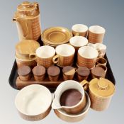 A tray containing a quantity of Hornsea Saffron tea ware, egg cups, spice jars etc.