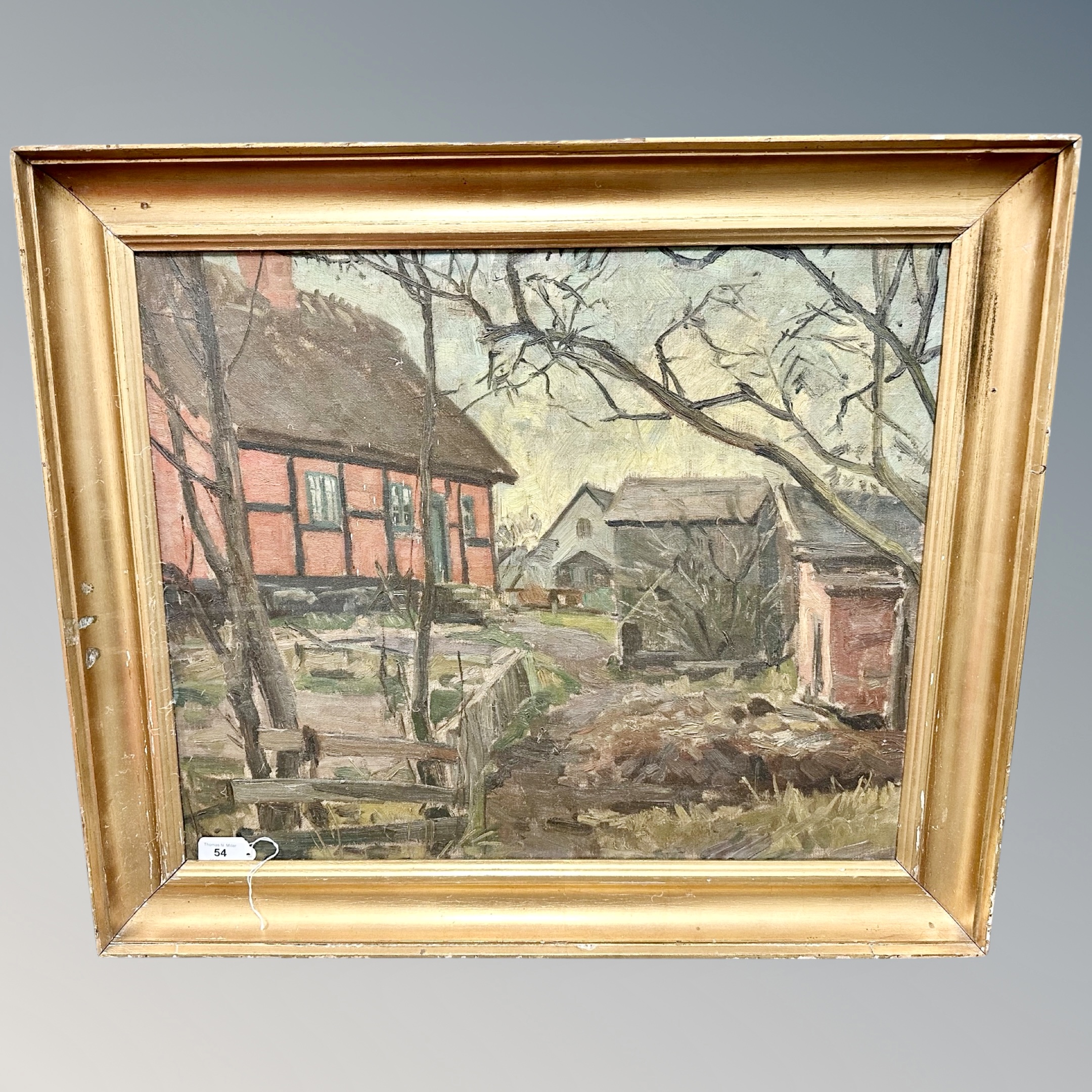 Continental school : Farm buildings, oil on canvas, 58cm by 48cm.