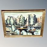 J Gapak : Boats on a river, oil on canvas, 91cm by 59cm.