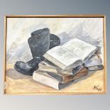 Continental school : Still life with books, oil on canvas, 66cm by 50cm.
