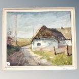 K Hansted : Thatched cottage by a road, oil on canvas, 60cm by 50cm.