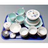 A tray containing assorted ceramics including 18 pieces of Rosalyn Natures Lace bone tea china,