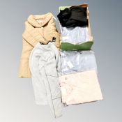 A box containing assorted lady's clothing and coats including Indigo & Co.