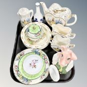 A tray containing assorted ceramics including a four piece Tunstall heart-shaped tea service,