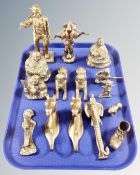 A tray containing assorted brass ornaments including Buddha, miner figure, musician,