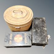 An antique tin hat box together a further Iglodon first aid tin and a metal deed box.