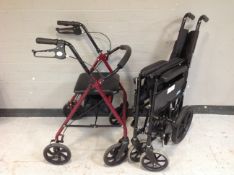 A Lomax folding lightweight wheelchair together with a Medex walking aid