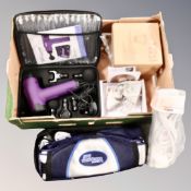 A box containing Vibrapower handheld massager and belts, a circle 8 skipping rope,