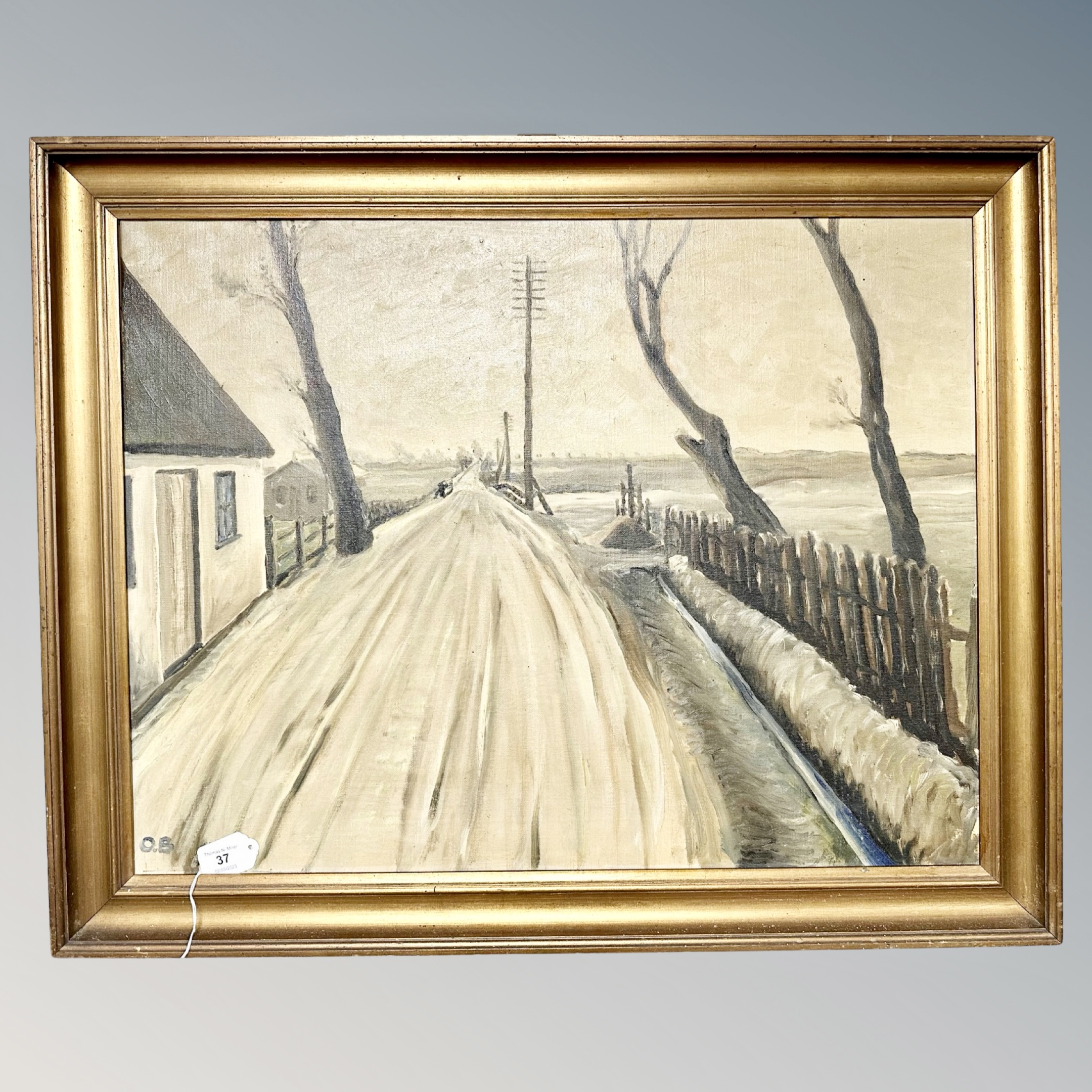Continental school : Snow on a road, oil on canvas, 65cm by 50cm.