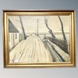 Continental school : Snow on a road, oil on canvas, 65cm by 50cm.