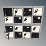 Two banks of eight Probe mini storage lockers with keys