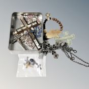 A Jerusalem olive wood crucifix with mother of pearl inlay together with other religious items and
