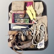 A tray containing bosun's and metropolitan whistle, scouting sew-on badges and belts, pocket knife,